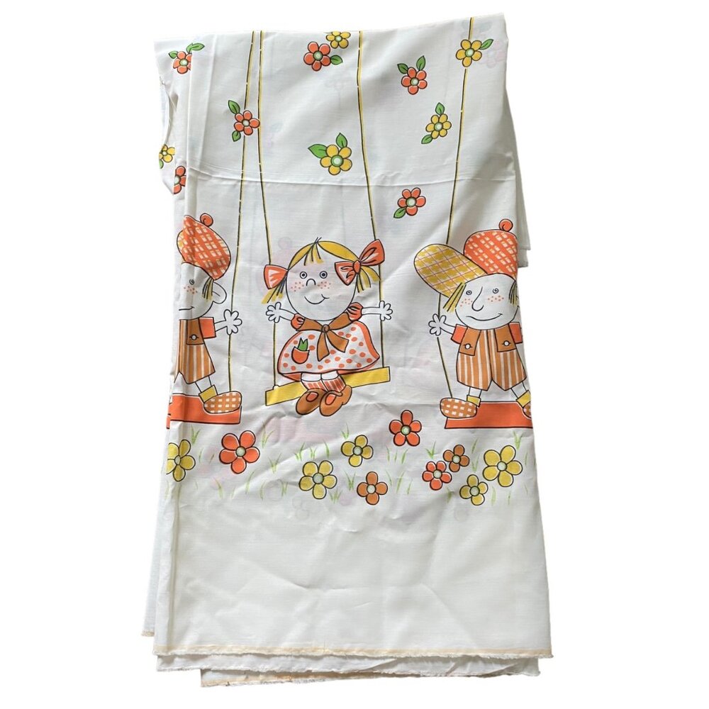 Vintage 70s novelty fabric children on swing orange yellow flowers curtains